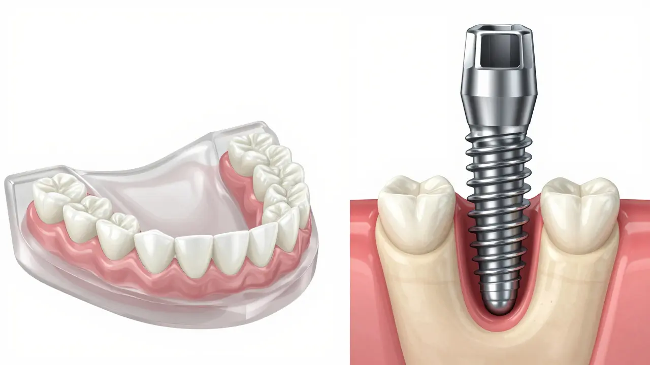 Srovnání tradiční protézy a stabilního implantátu v kosti