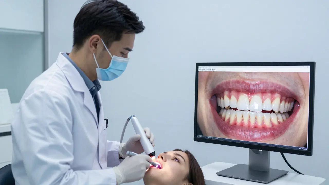 Zubní lékař používá digitální skener pro návrh úsměvu