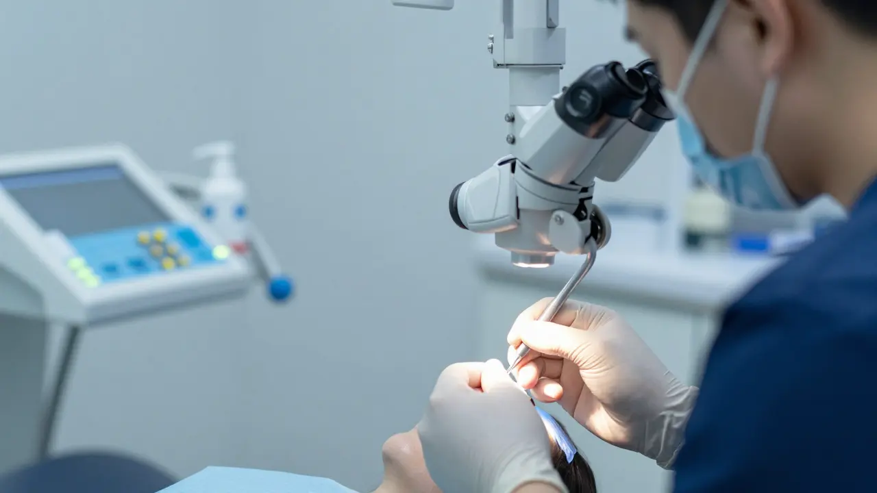 Zubní lékař provádí endodontickou léčbu pod operačním mikroskopem