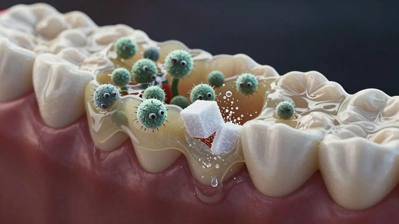 Zubní plak jako biofilm s bakteriemi přeměňujícími cukr na kyselinu