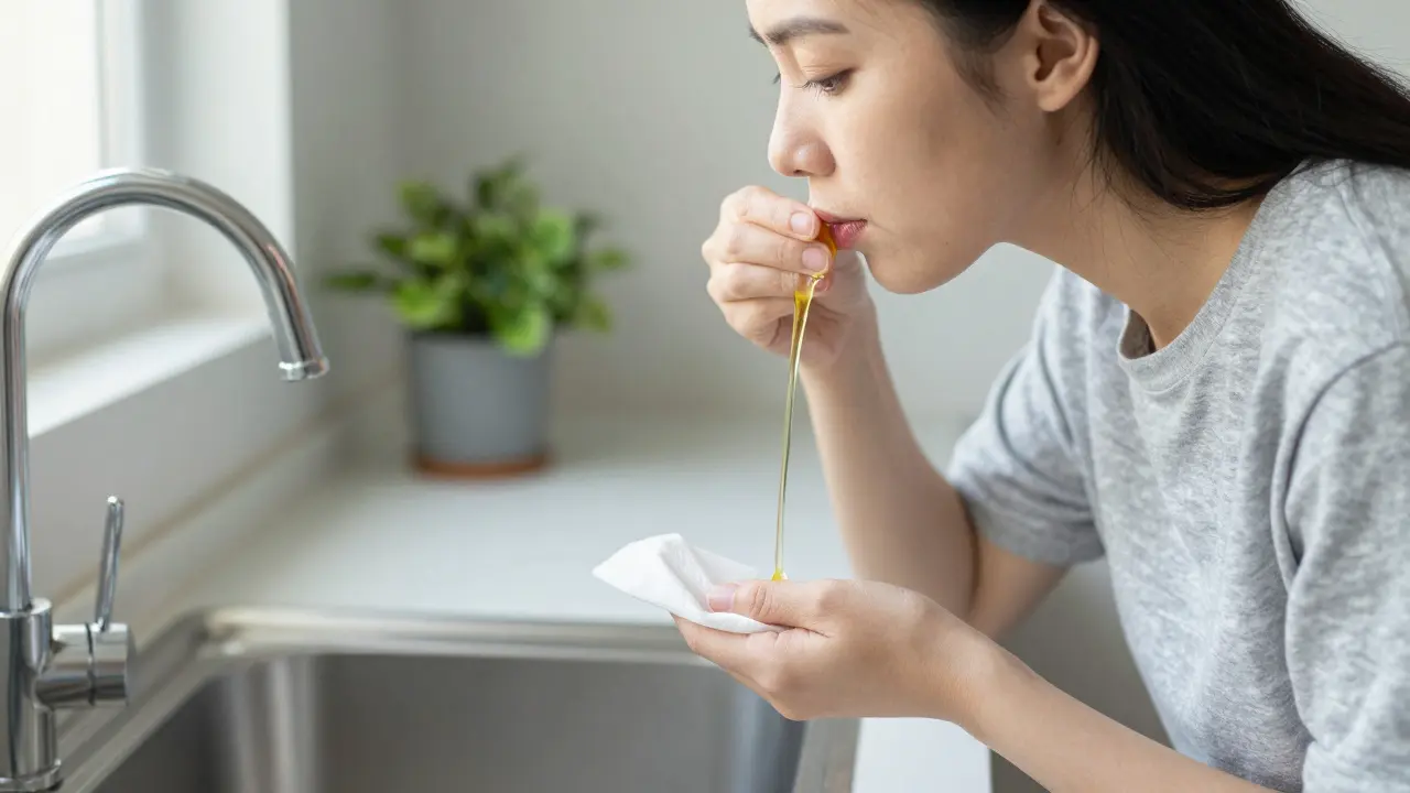 Člověk provádějící oil pulling v koupelně s papírovým ubrouskem