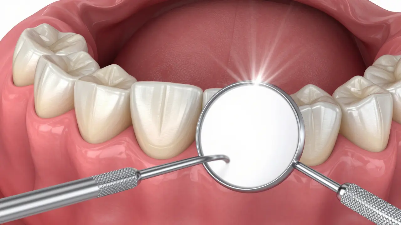 Detailní pohled na zadní stoličky odrážející se v dentálním zrcátku s dobrým osvětlením