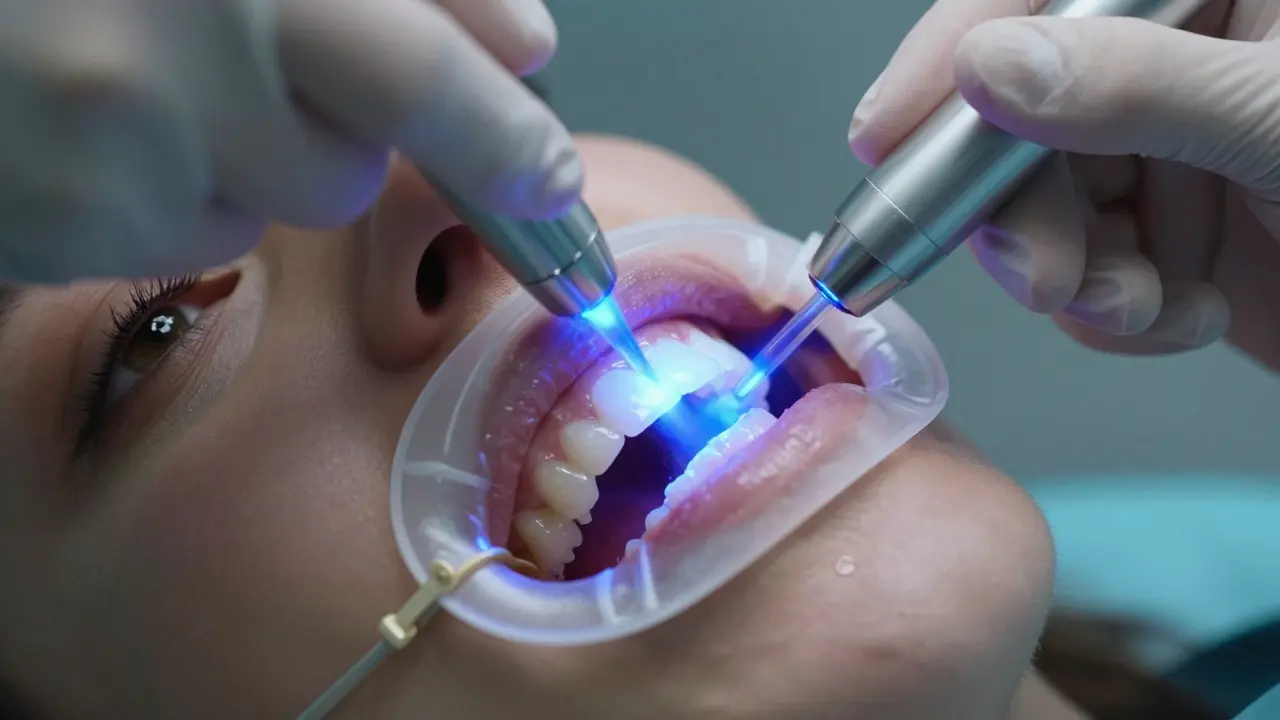 Detailní záběr na bělení zubů pomocí LED světla a gelu v ordinaci