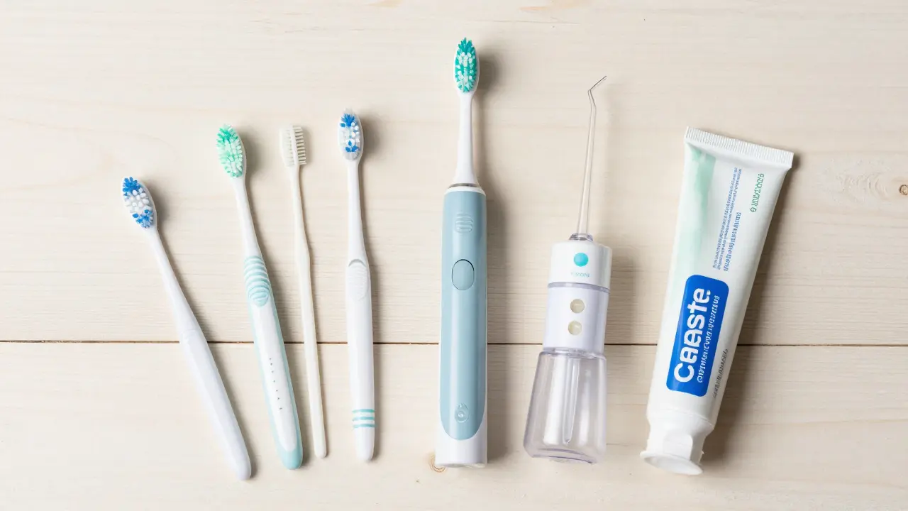 Hygienické pomůcky pro péči o rovnátka: kartáček, nit a pasta