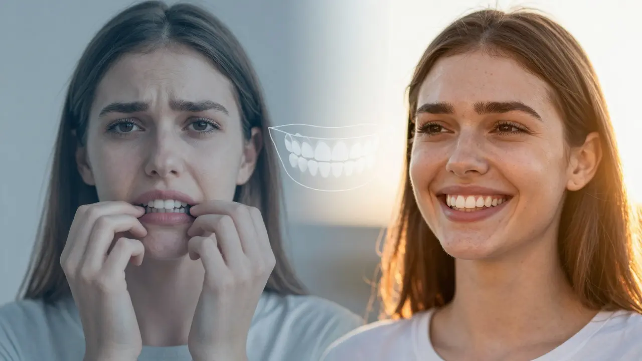 Konceptuální obrázek transformace úsměvu od nejistoty k sebevědomí