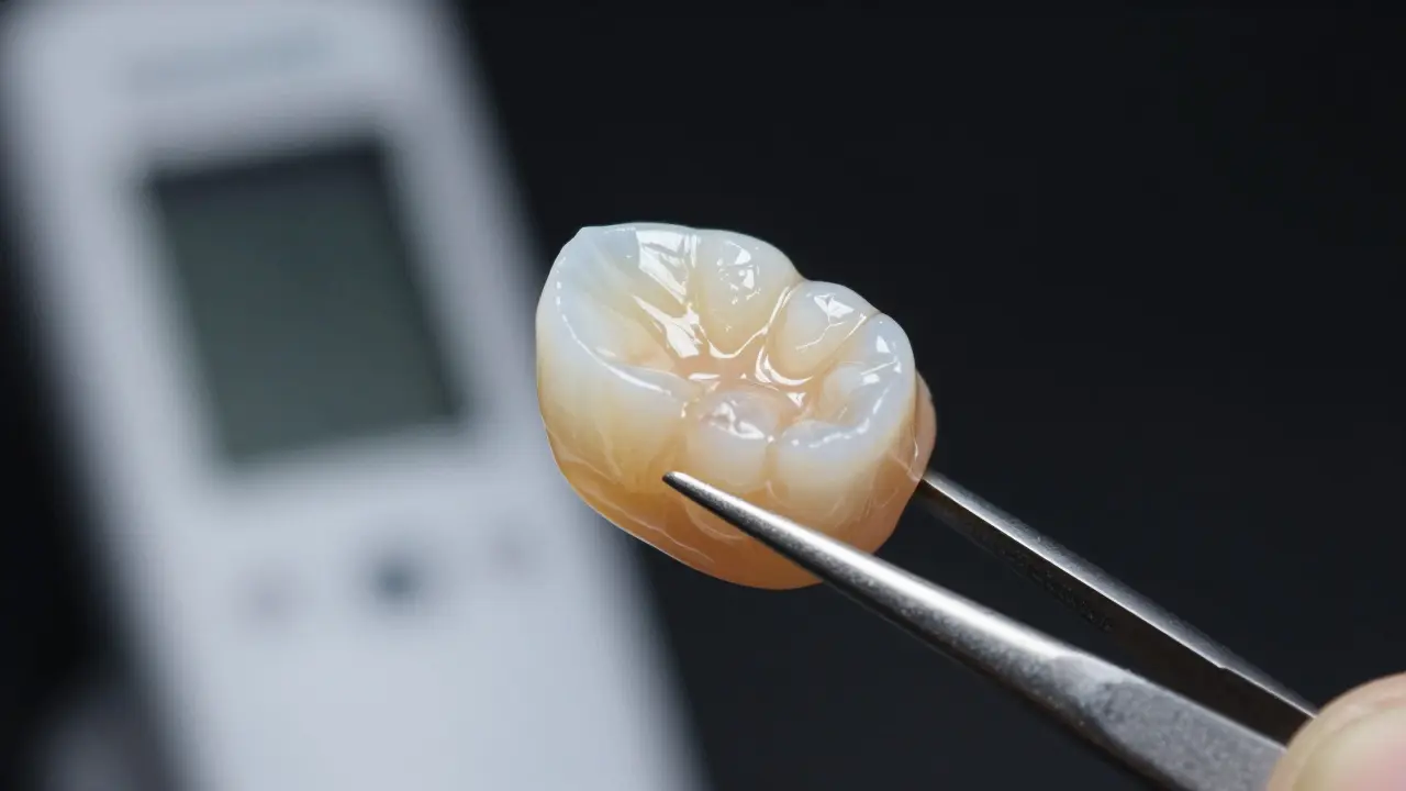 Makro záběr tenké keramické destičky ukazující přirozenou průsvitnost materiálu