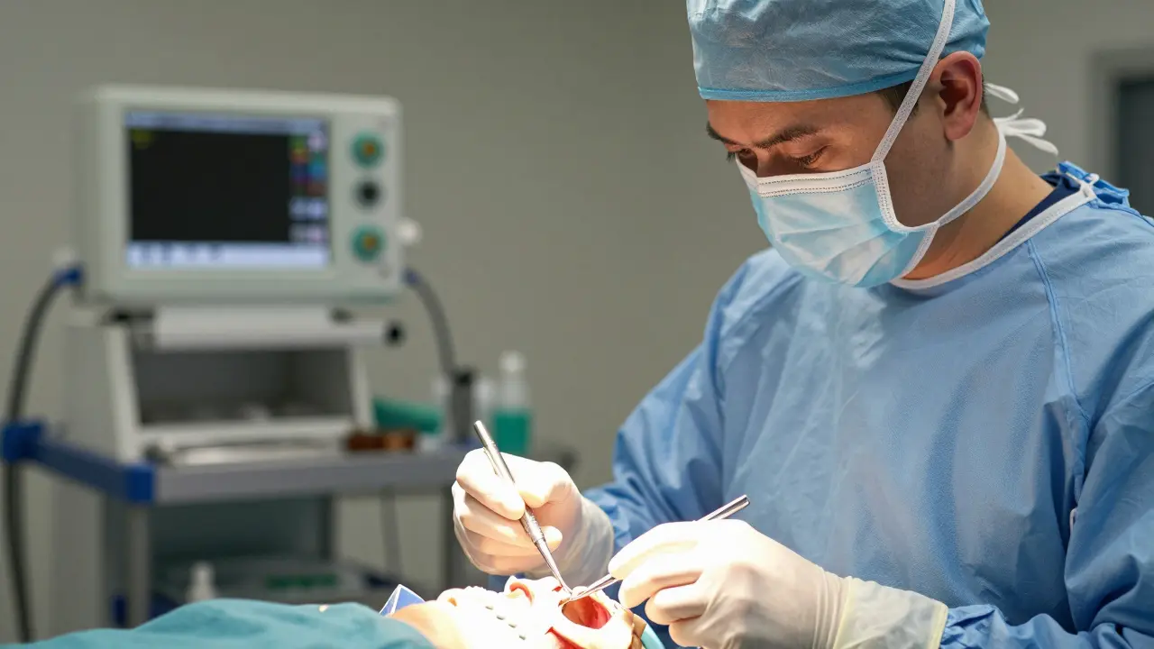 Maxilofaciální chirurg při operaci s důrazem na zručnost