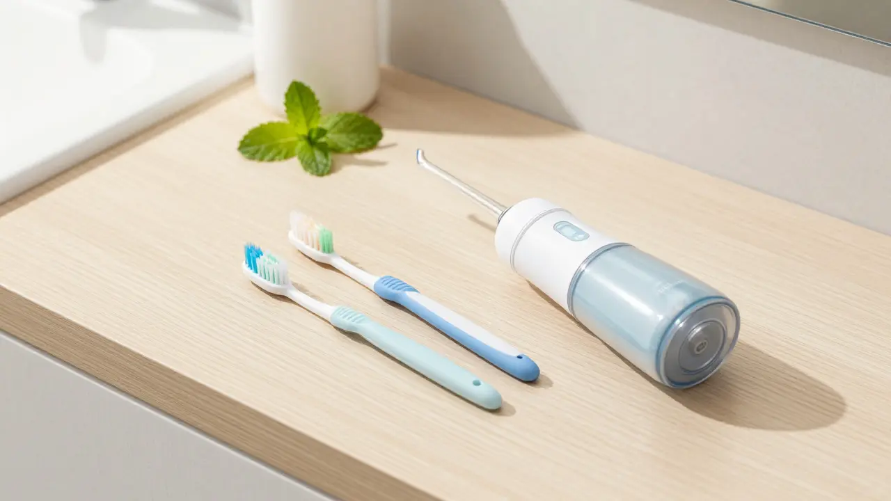 Nářadí pro domácí ústní hygienu na dřevěném povrchu