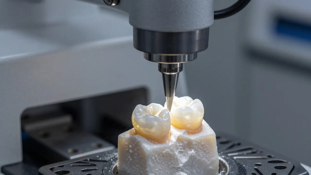 Robotická frézka vyrábí keramickou zubní korunku v laboratoři