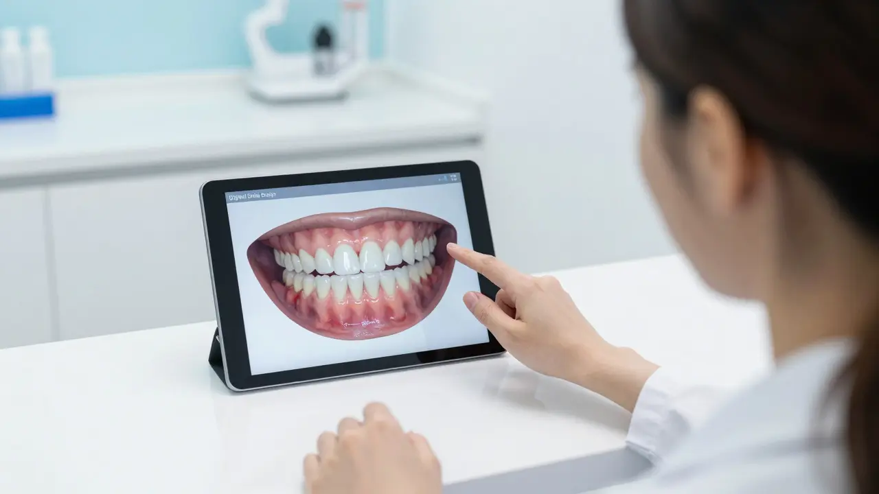 Stomatolog ukazuje na tablet digitální simulaci opravy mezery mezi zuby