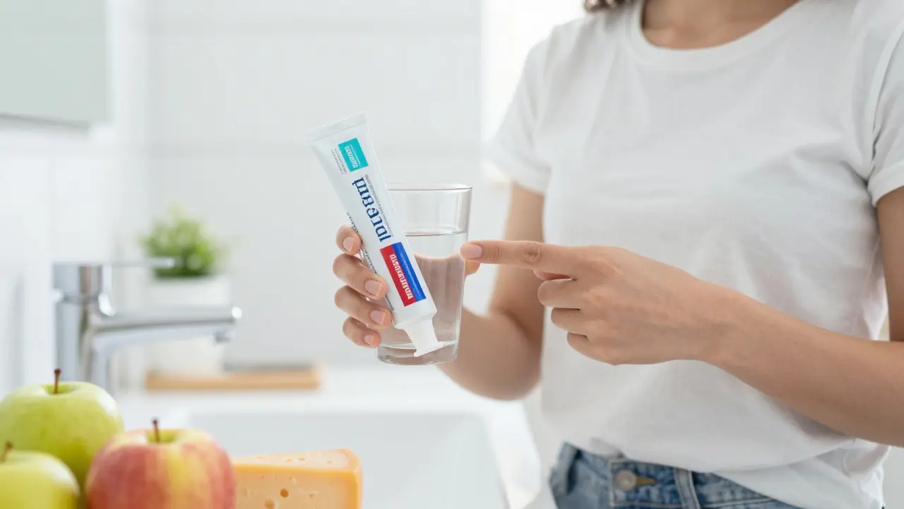 Člověk s vodou a fluoridovou pastou v koupelně, symbolizující prevenci zubního kazu