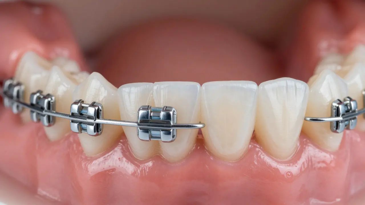 Detailní porovnání kovového a průsvitného keramického bracketu na zubech