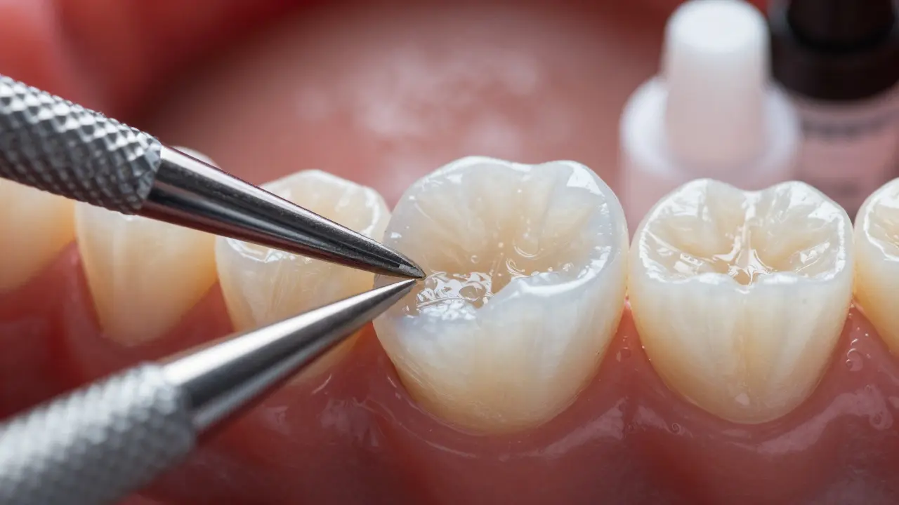Makro záběr na instalaci zirkonové korunky a dentální nástroje