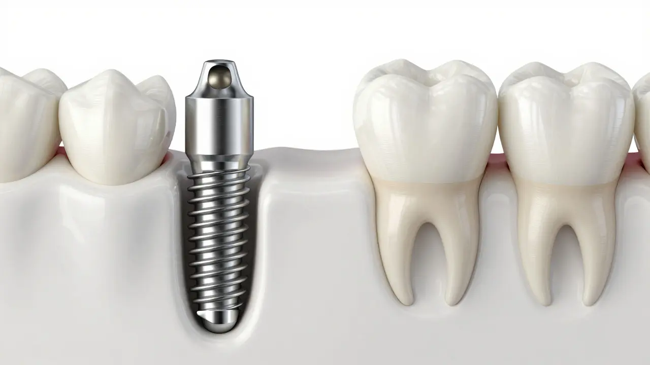 Porovnání zubního implantátu a můstku v kosti