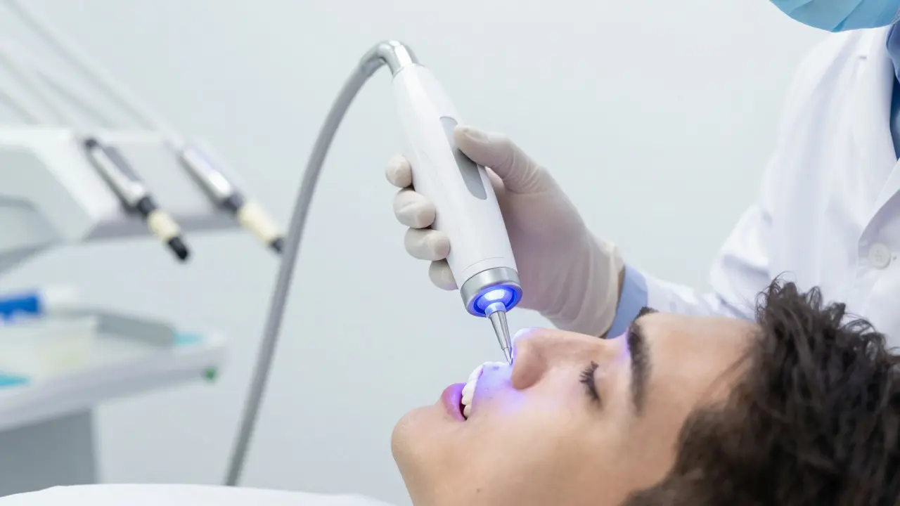 Stomatolog používá diagnostické světlo k detekci skrytých trhlin
