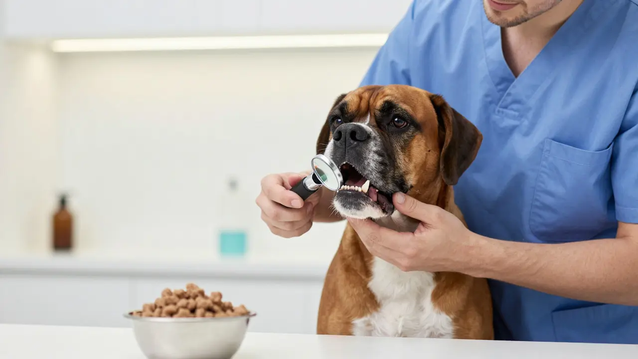 Veterinář vyšetřuje zuby boxeru s předkusem v ordinaci.