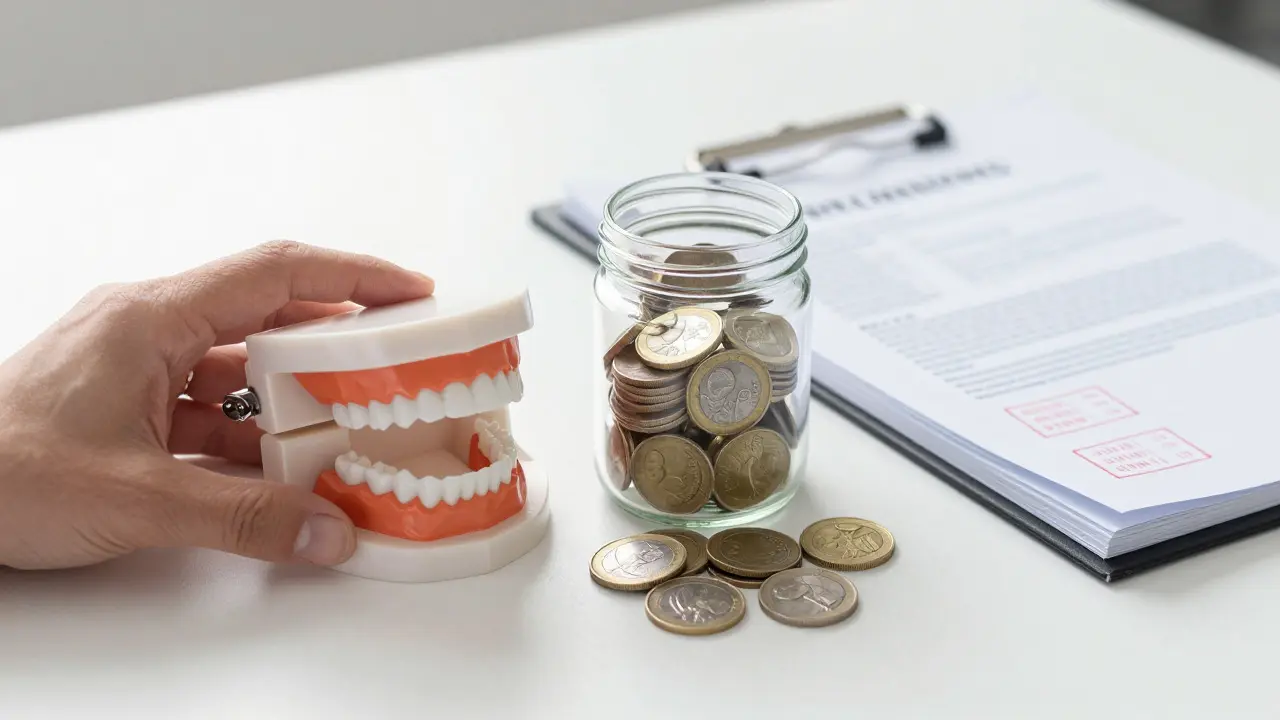 Dental model, coins, and documents on a desk symbolizing cost transparency
