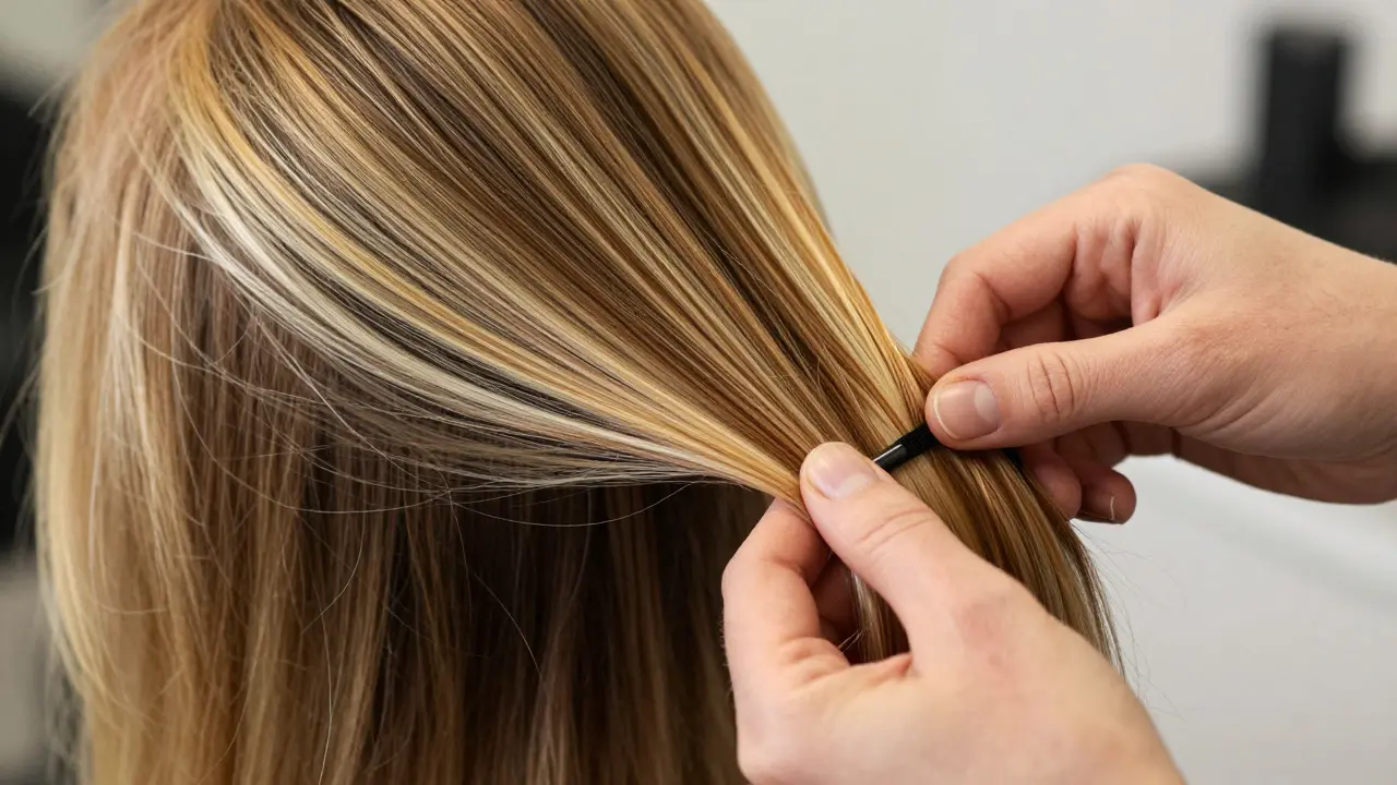 Detail rukou kadeřnice při aplikaci techniky balayage na vlasy klienta