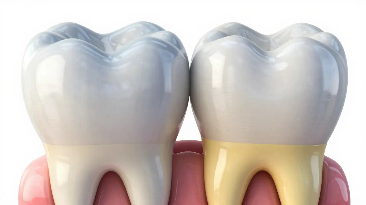 Detailní záběr zubu ukazující rozdíl mezi sklovinou a dentinem.