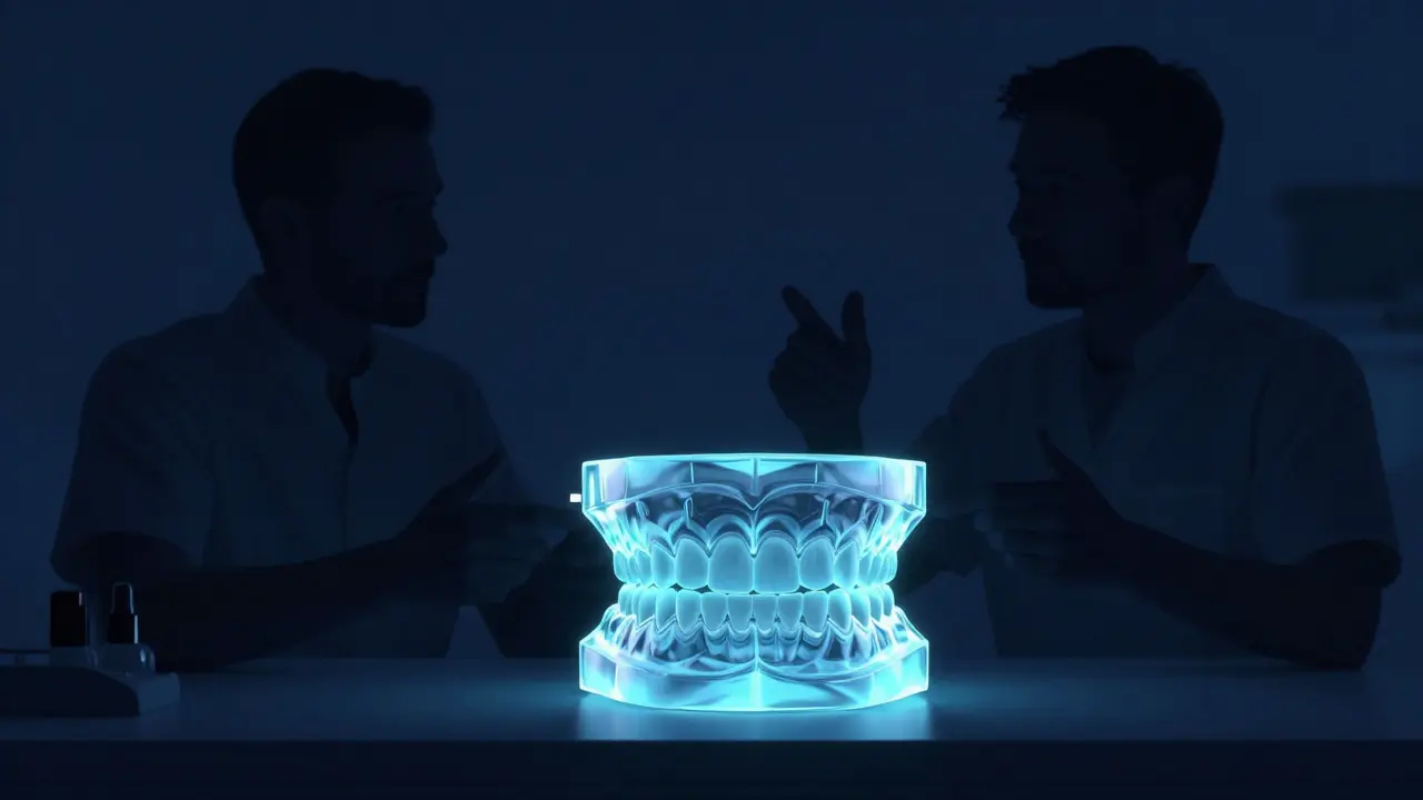 Konceptuální vizualizace digitálního plánování úsměvu s 3D modelem zubů