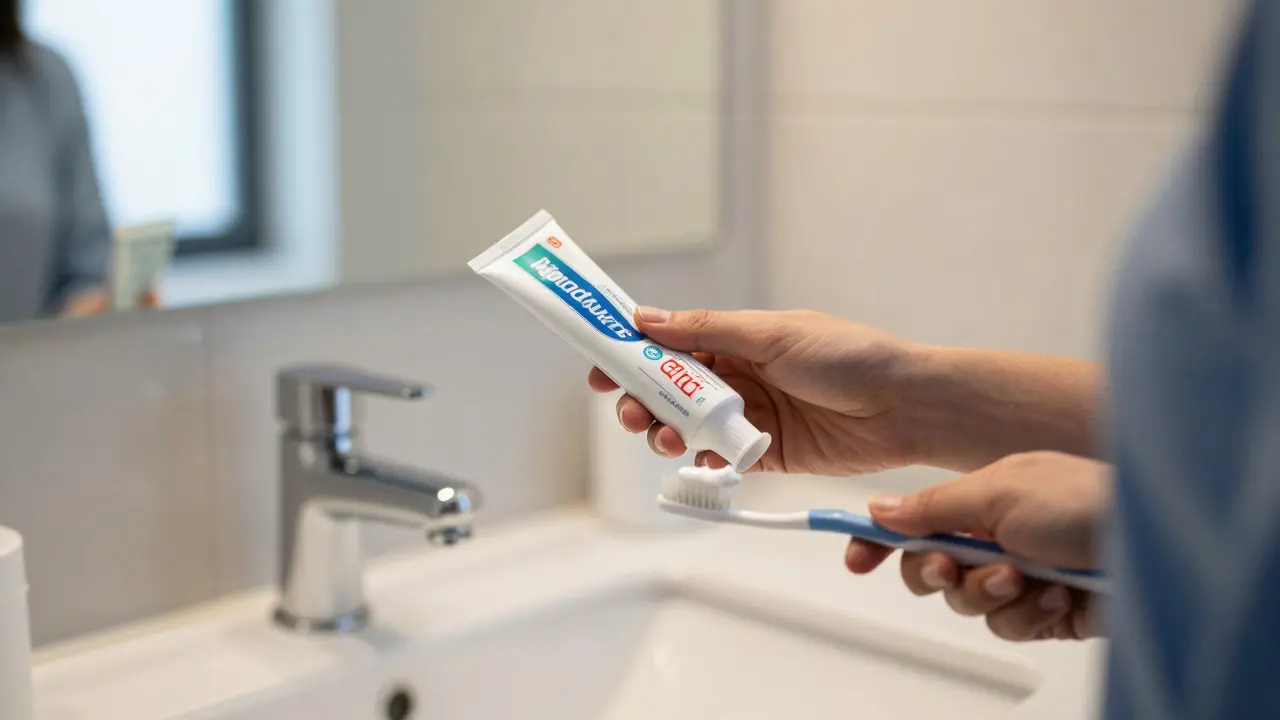 Osoba nanáší fluoridovou pastu na měkký kartáček v koupelně během ranní rutiny
