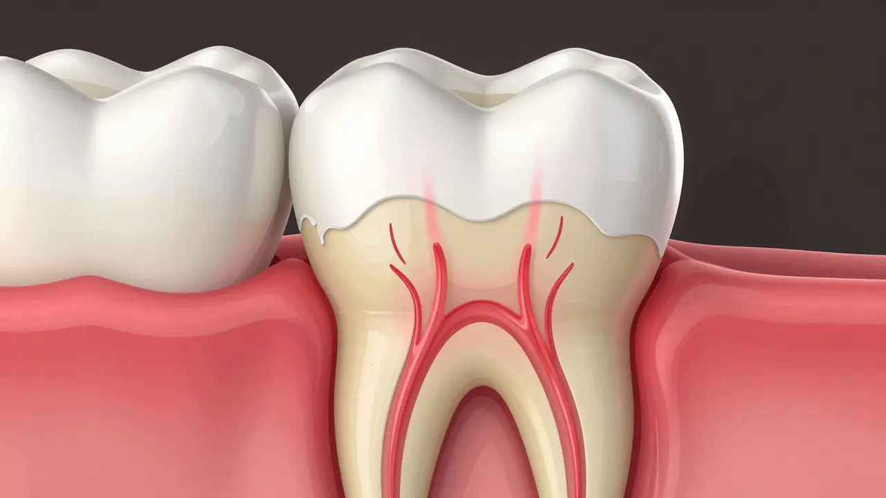 Řez zubem ukazující odhalený dentin a nervové zakončení