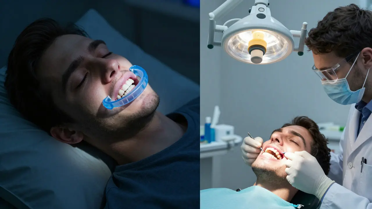 Split image showing sleep bruxism prevention with night guard vs dental exam