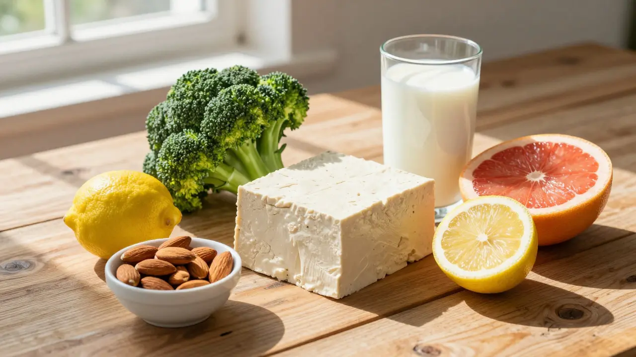 Surové vegetariánské potraviny jako tofu, brokolice a citrusy na dřevěném stole