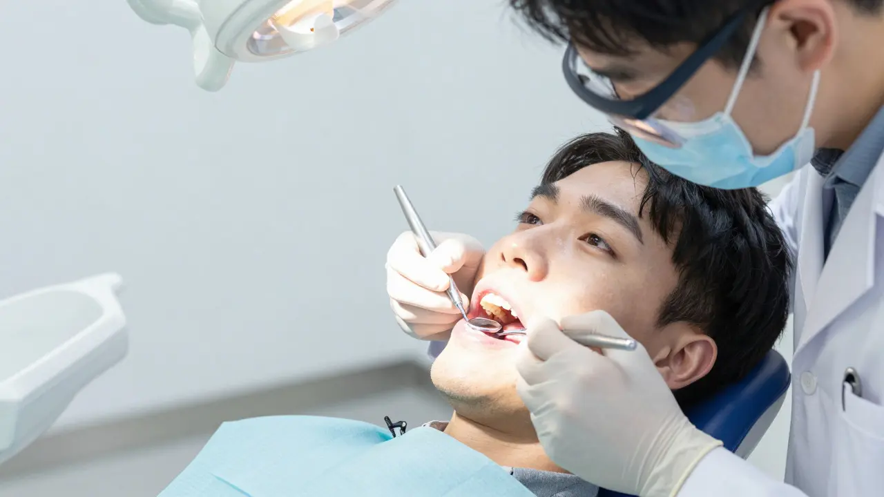 Zubní lékař provádí důkladnou klinickou prohlídku zubů pacienta