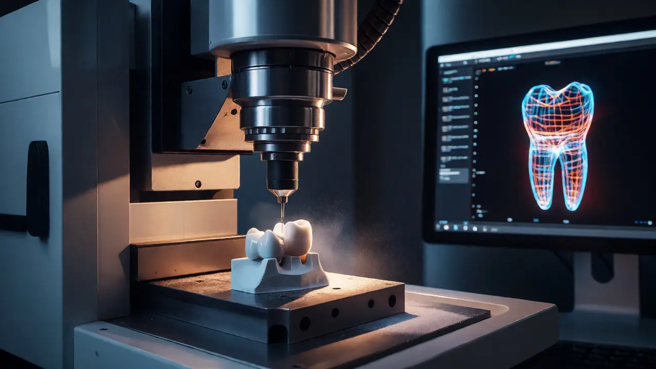 Frézovací stroj vyrábí keramickou korunku s vizualizací 3D modelu