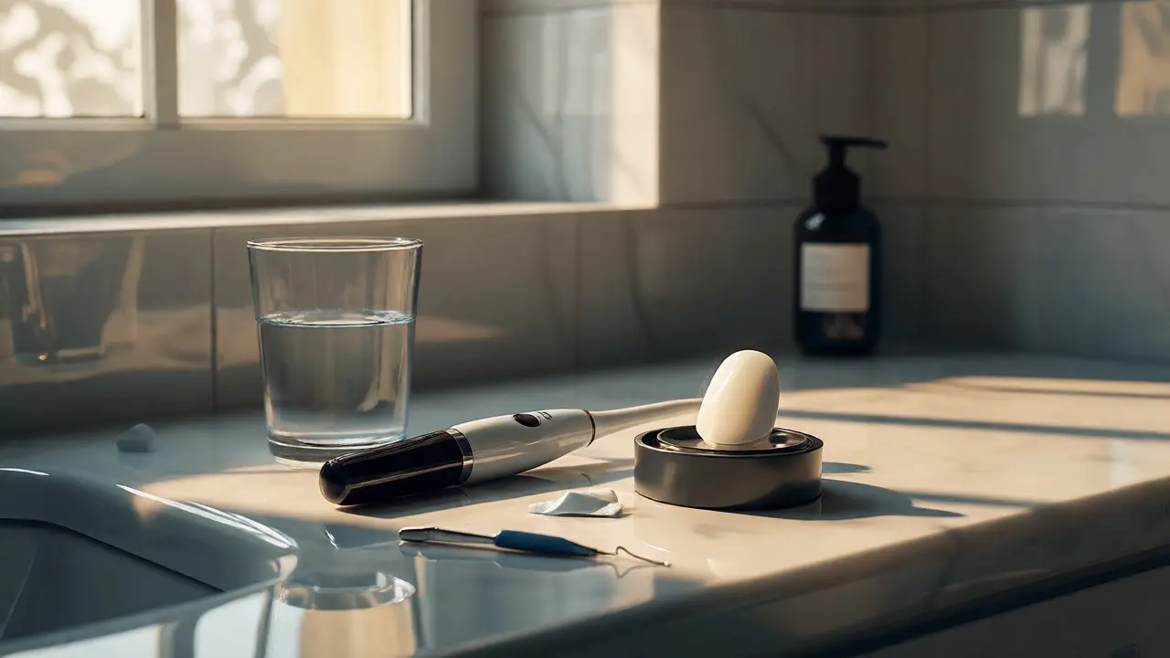 Hygienické potřeby a vyjmutá zubní fazeta na umyvadle