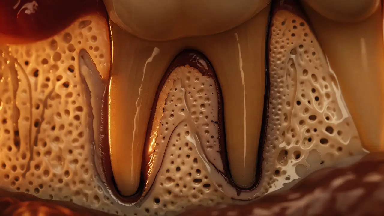Ilustrace biologického procesu pohybu zubního kořene v kostní tkáni.