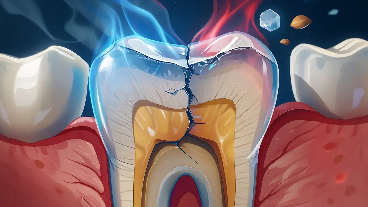 Ilustrace řezu zubem ukazující poškozenou sklovinu a dentin