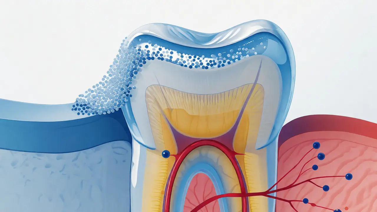 Ilustrace řezu zubem ukazující tenčící se sklovinu a citlivý dentin pod povrchem.