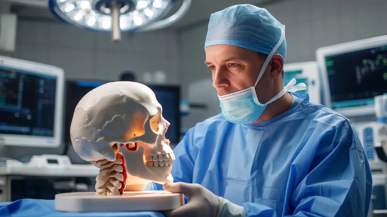 Maxilofaciální chirurg zkoumá anatomický model lebky v ordinaci.