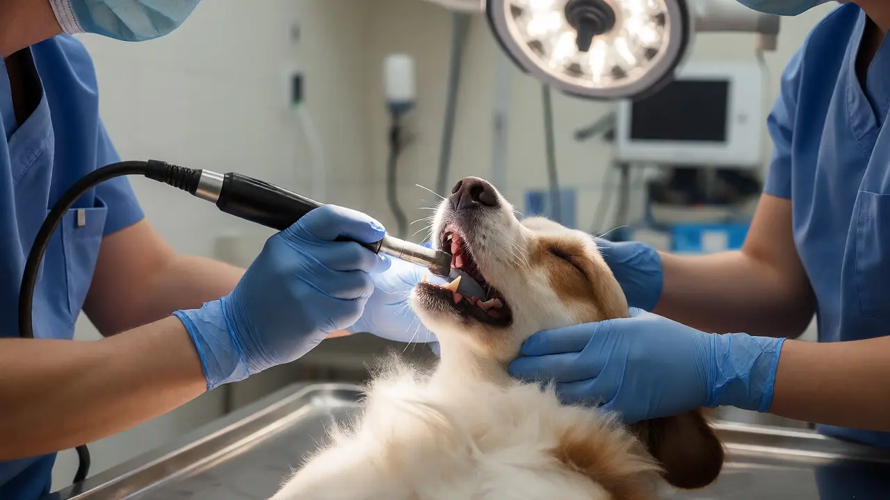 Pes v narkóze při veterinárním odstranění zubního kamene ultrazvukem