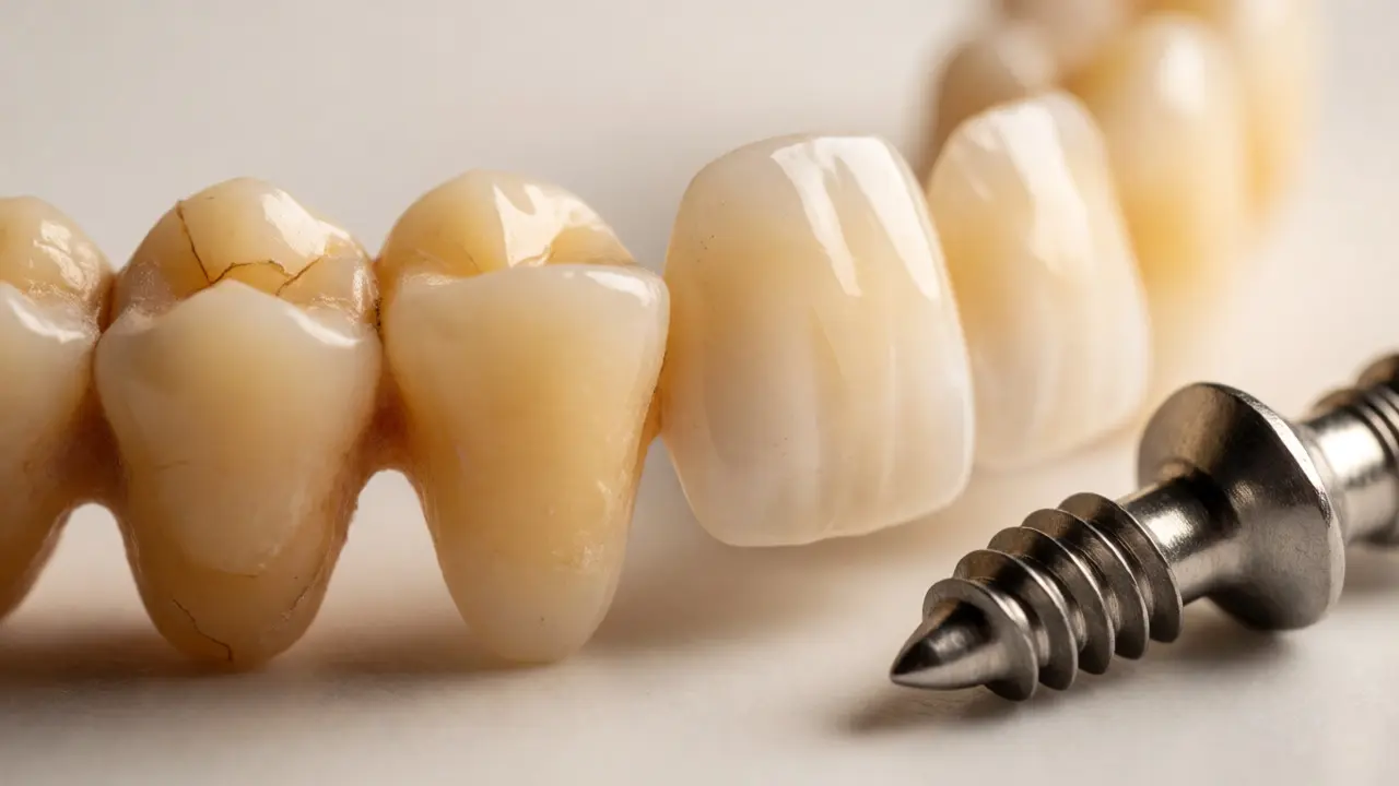Porovnání opotřebených zubů s novými keramickými fasetami a implantátem.