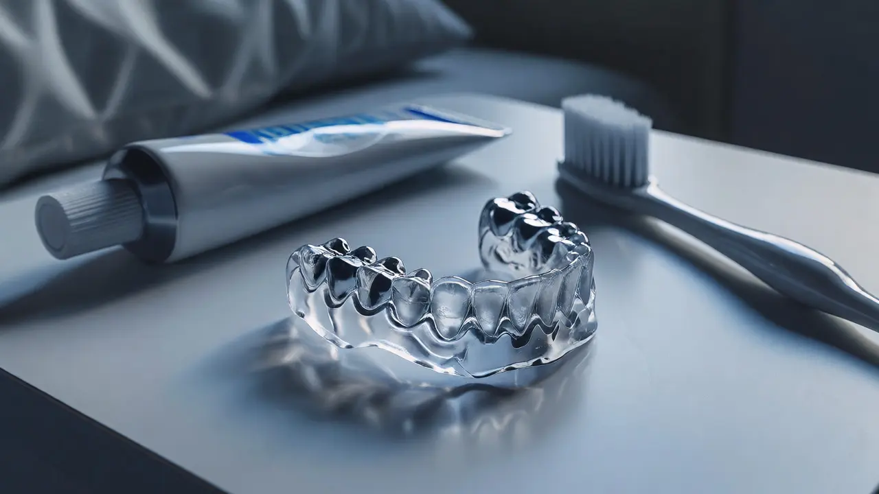 Průhledná noční dlaha a hygienické potřeby na nočním stolku