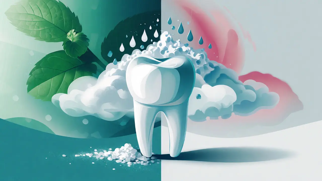 Stylizovaná ilustrace zubu chráněného před kyselinami pomocí oblaku jedlé sody.