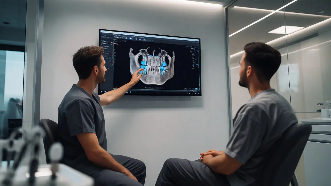 Zubař v moderní klinice vysvětluje pacientovi 3D snímek čelisti s implantáty.