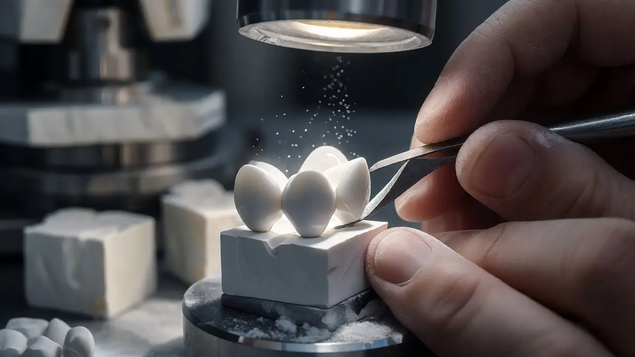 Zubní technik brousí keramický blok pro výrobu precizní celokeramické korunky v laboratoři