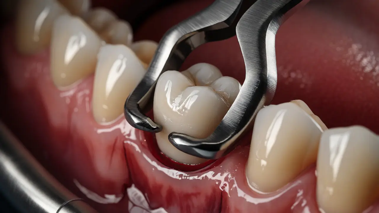 Detailní záběr na extrakci zubu pomocí dentálních kleští.