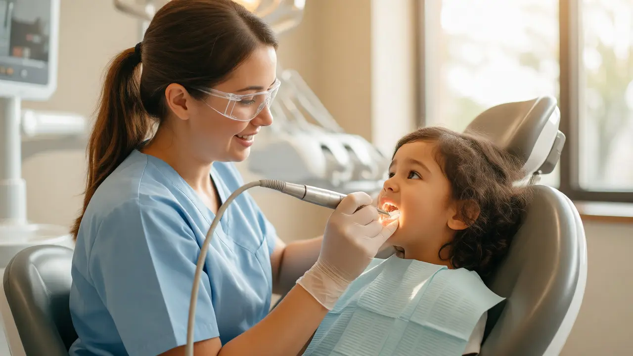 Dětská hygienistka šetrně odstraňuje zubní kámen ultrazvukem
