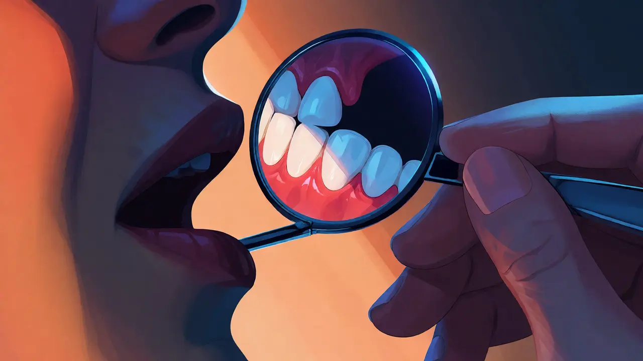 Ilustrace použití dentálního zrcátka pro kontrolu zubů