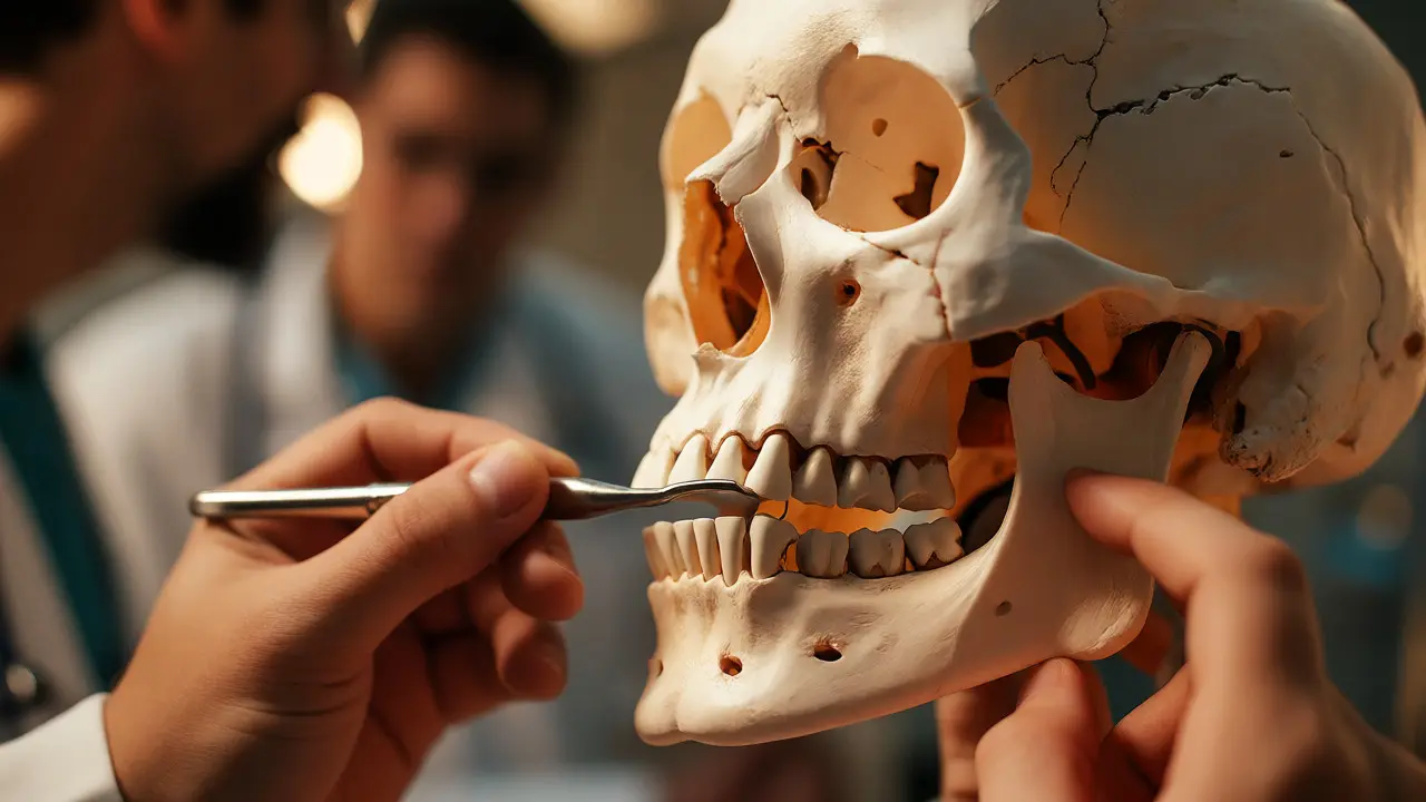 Lékařský tým zkoumá anatomický model lebky