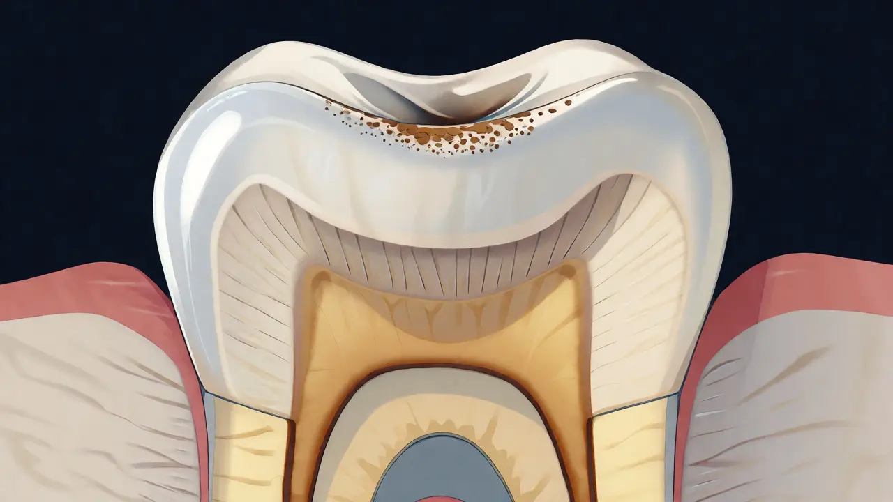 Řez zubem ukazující sklovinu a žlutý dentin pod ní
