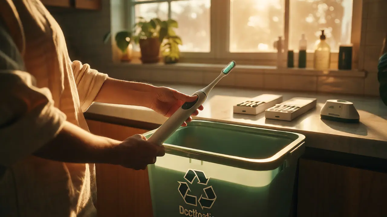 Ruce držící sonický kartáček nad košem na elektroodpad v teplém světle