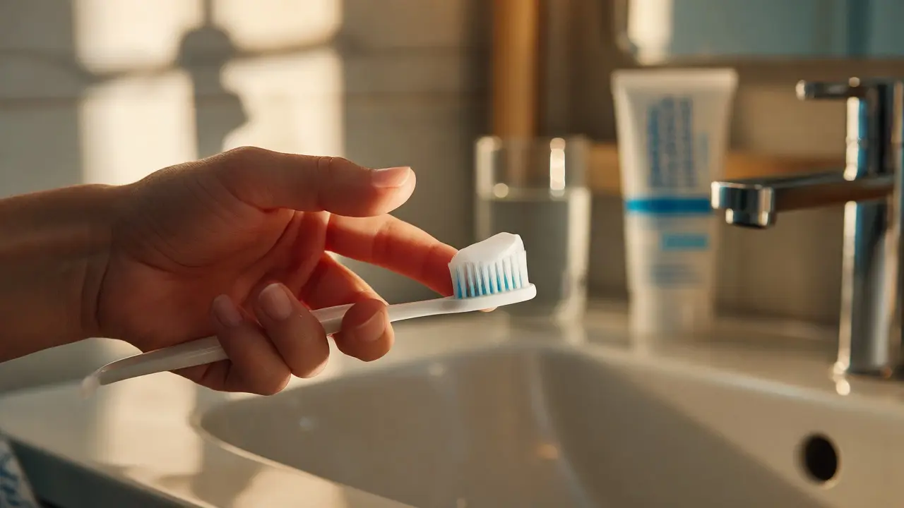Ruka nanáší fluoridový gel na zubní kartáček