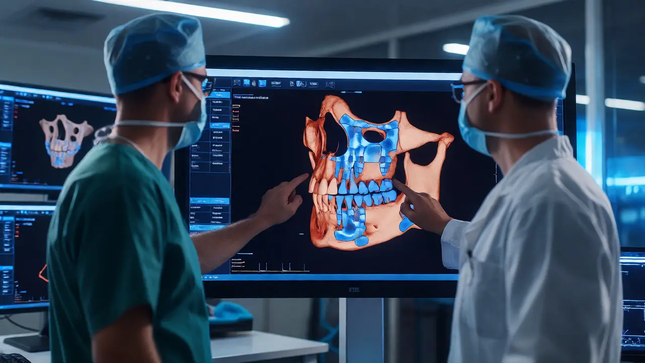 Specialista analyzuje 3D sken čelisti na monitoru